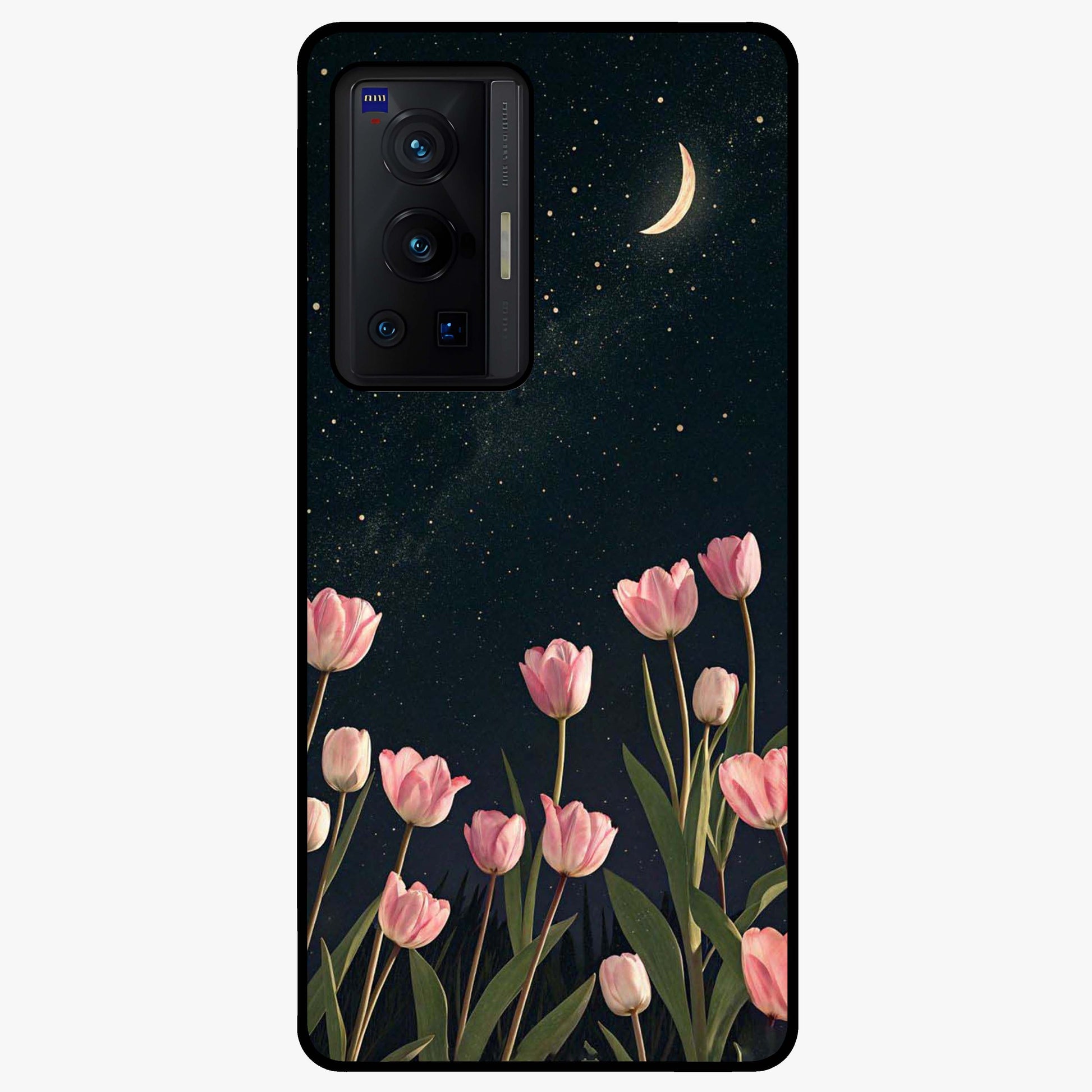 Midnight Tulip Whispers Vibe Glass Case showing flat back view with elegant tulip flower artwork and glossy glass finish.