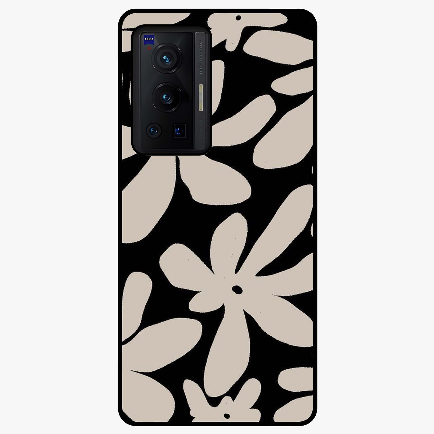 Monochrome Petal Dance Glass Case showing flat back view with monochrome floral artwork and glossy glass finish.