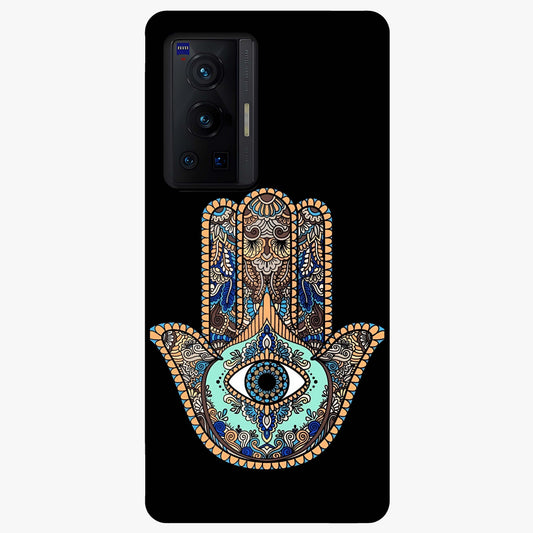 Mystic Hamsa Eye Glass Case showing flat back view with protective hamsa hand and evil eye artwork and glossy glass finish.