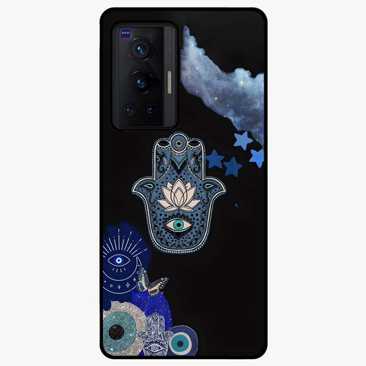 Mystic Hand Aura Glass Case showing flat back view with mystical hand symbol artwork and glossy glass finish.