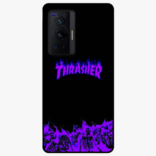 Neon Flame Riot Glass Case showing flat back view with neon flame artwork and glossy glass finish.