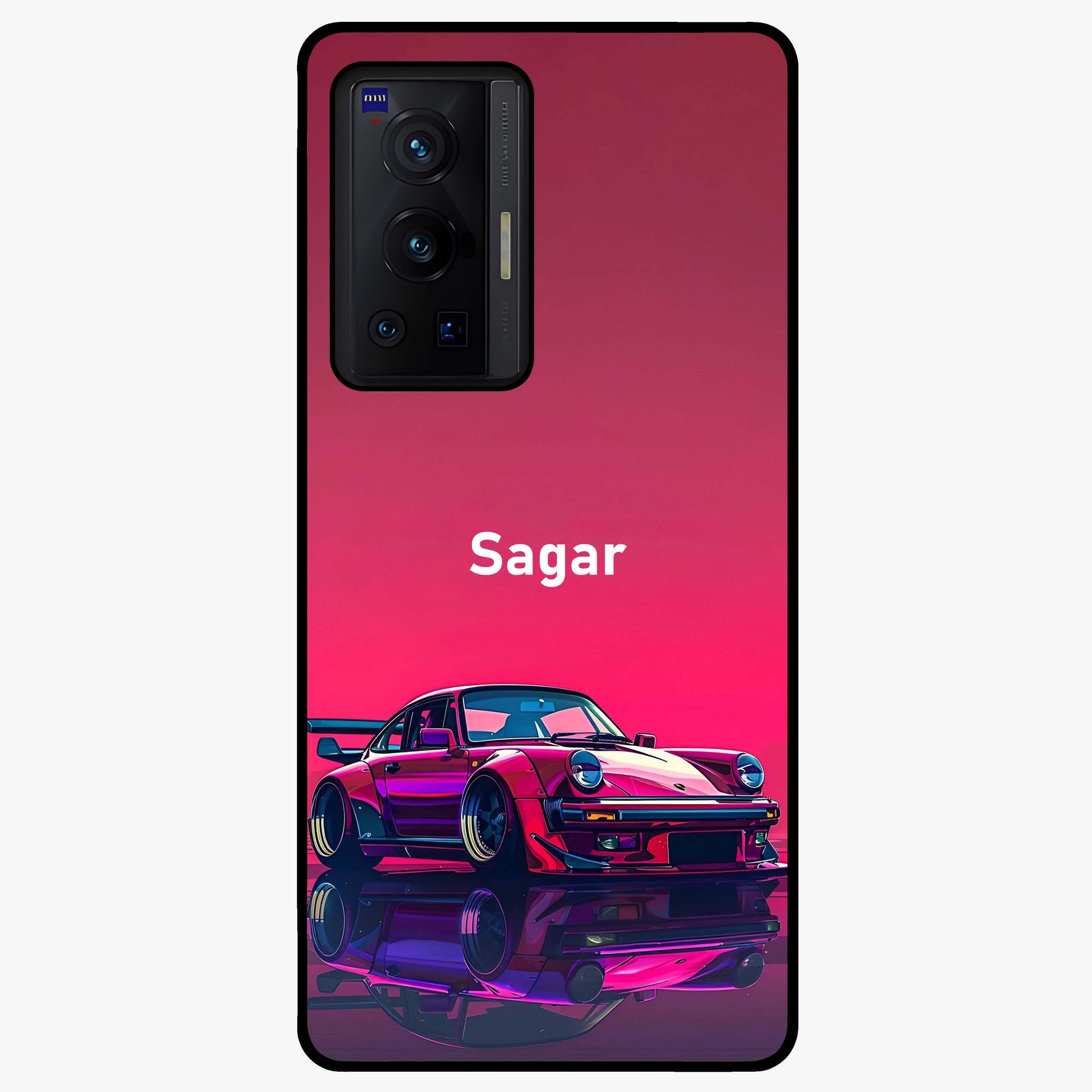 Neon Pink Porsche Glass Case showing flat back view with stylish sports car artwork and glossy glass finish.