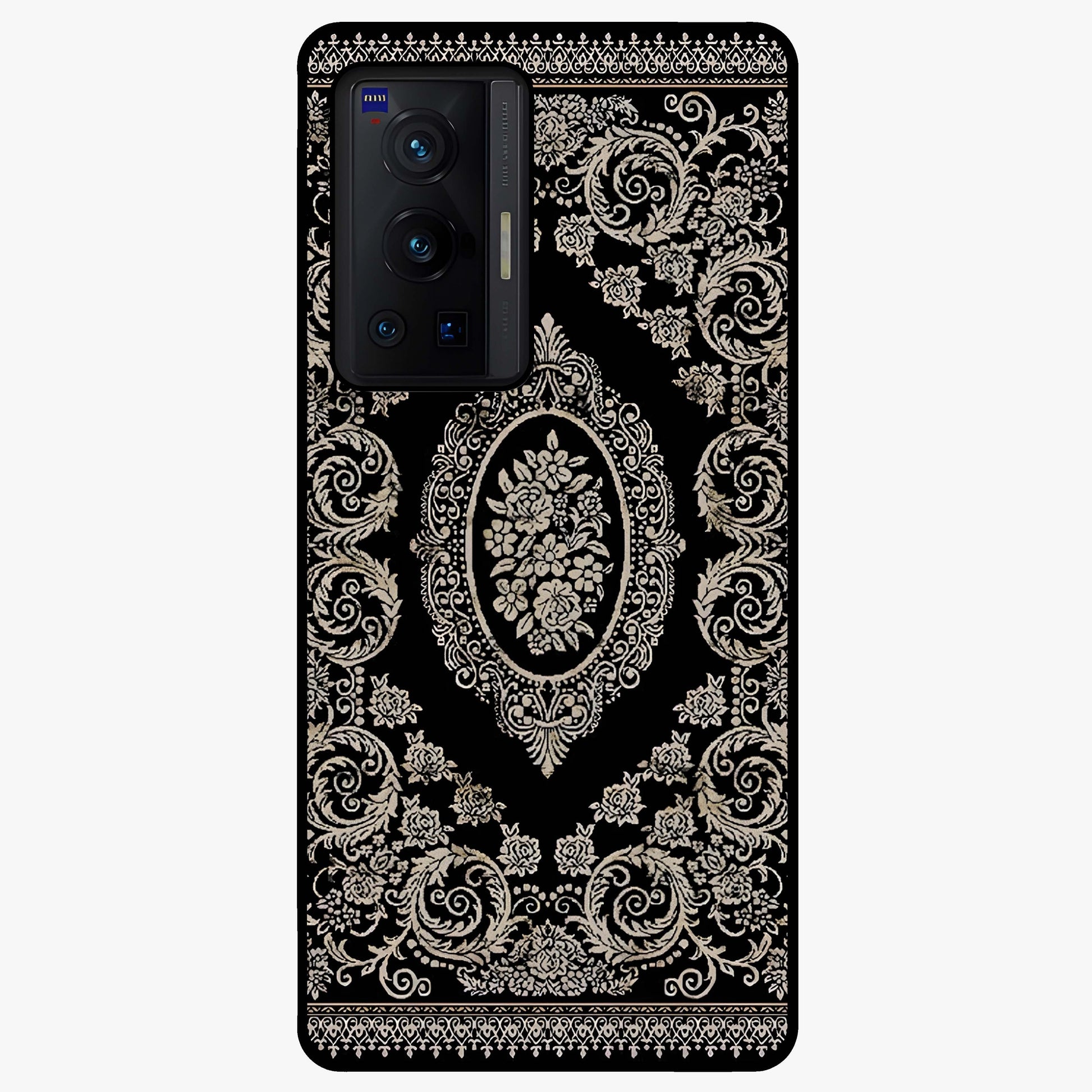 Noir Bloom Elegance Glass Case showing flat back view with elegant dark floral artwork and glossy glass finish.