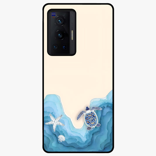 Ocean Drift Turtle Glass Case showing flat back view with sea turtle artwork and glossy glass finish.