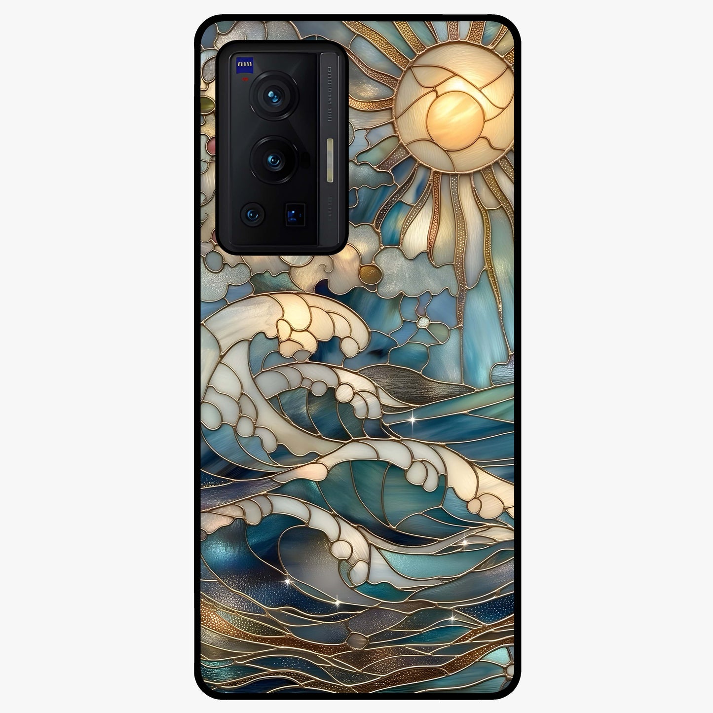 Oceanic Stained Printed Glass Case showing flat back view with ocean inspired stained pattern artwork and glossy glass finish.