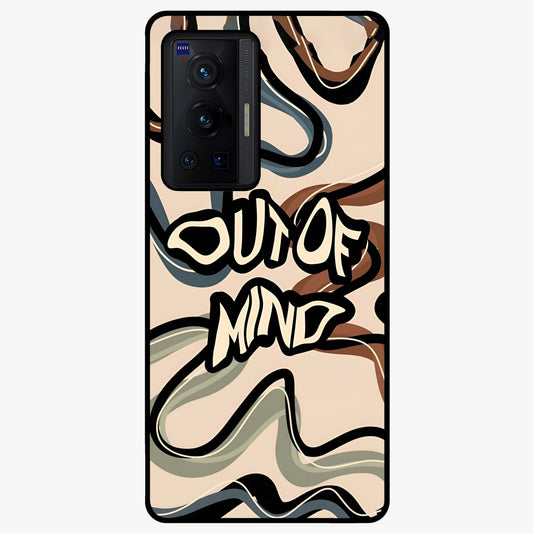 Out Of Mind Glass Case showing flat back view with expressive typography artwork and glossy glass finish.