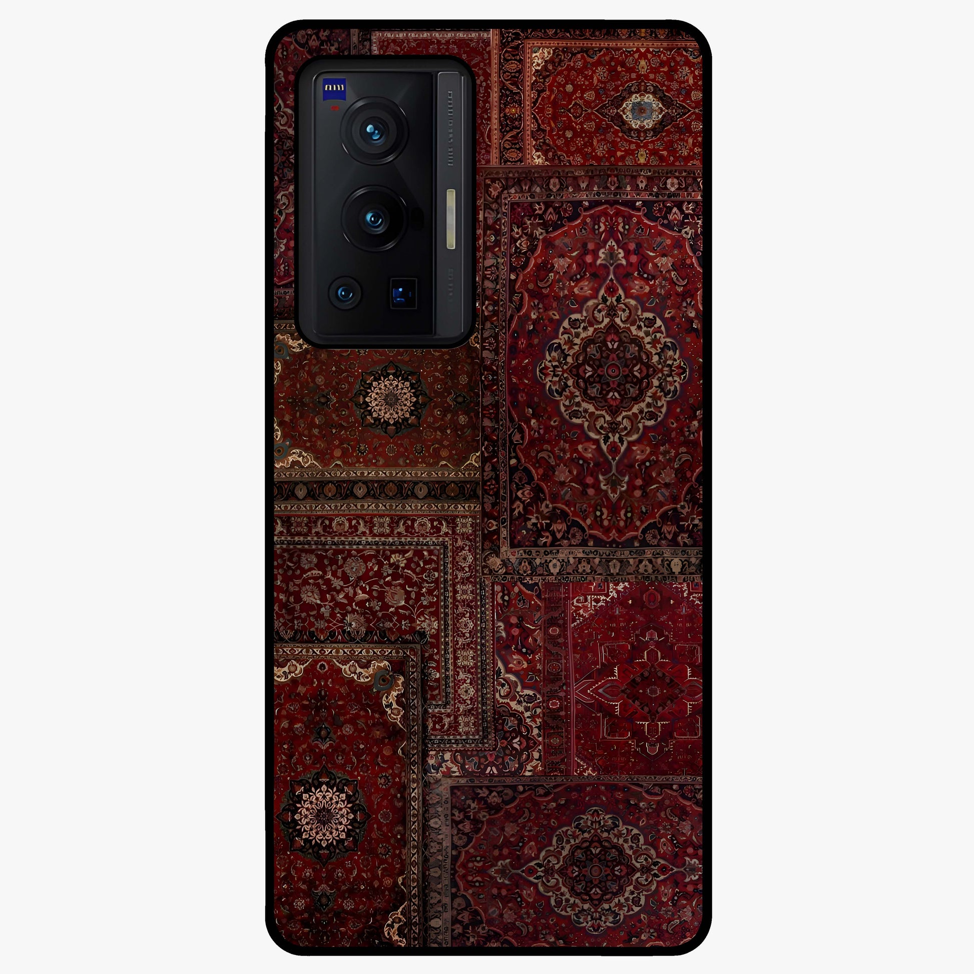Persian Velvet Tale Glass Case showing flat back view with luxurious Persian velvet pattern artwork and glossy glass finish.