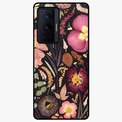 Petal Dream Tapestry Glass Case showing flat back view with intricate floral tapestry artwork and glossy glass finish.