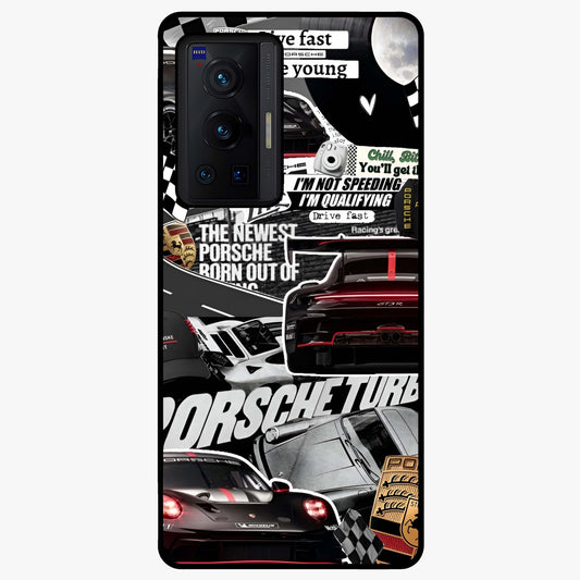 Porsche Racing Collage Glass Case showing flat back view with sports car racing collage artwork and glossy glass finish.