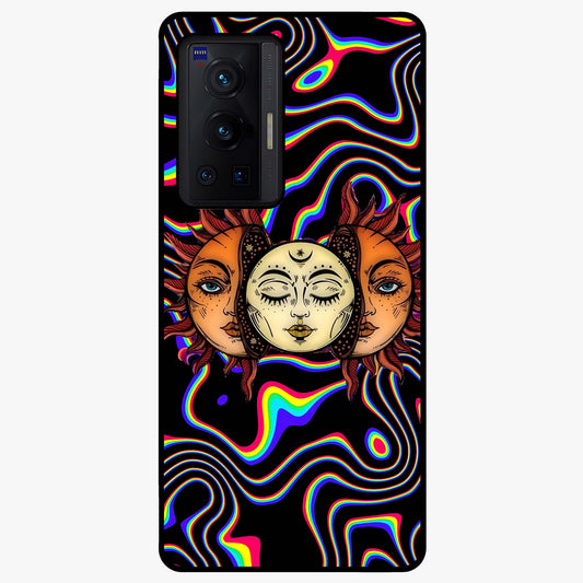 Psychedelic Sun Glass Case showing flat back view with colorful psychedelic sun artwork and glossy glass finish.