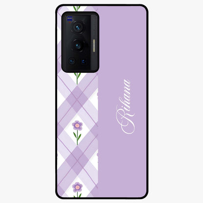 Purple Diamond Floral Glass Case showing flat back view with diamond shaped floral artwork and glossy glass finish.