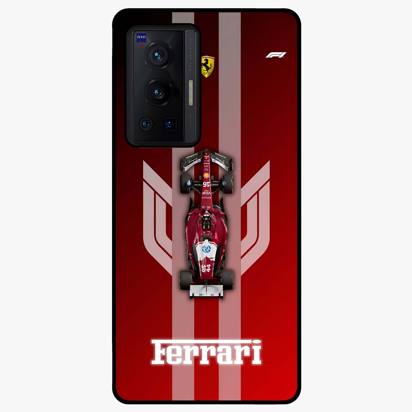 Red Ferrari F1 Vertical Glass Case showing flat back view with sleek Formula racing car artwork and glossy glass finish.