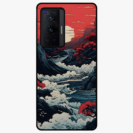 Red Sunset Scenery Glass Case showing flat back view with vibrant sunset landscape artwork and glossy glass finish.