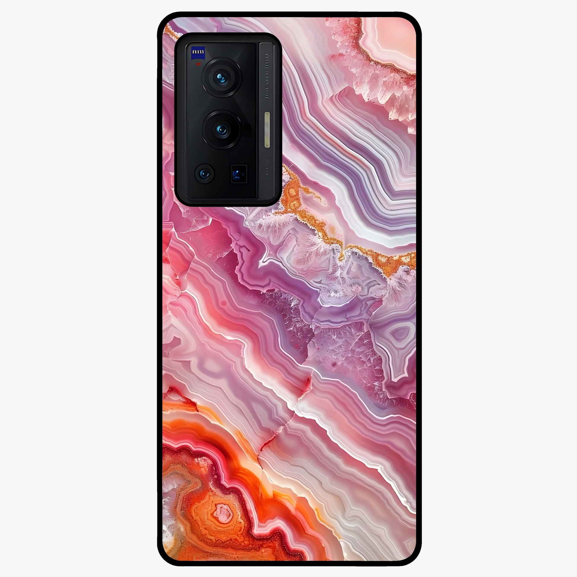 Rose Quartz Marble Glass Case showing flat back view with pink marble quartz texture artwork and glossy glass finish.