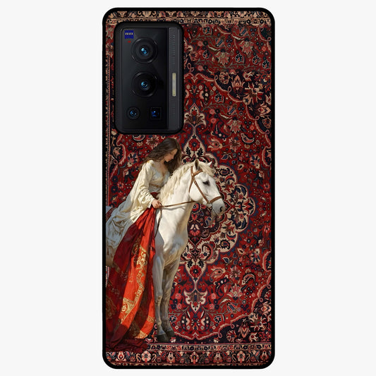 Royal Rider Tapestry Glass Case showing flat back view with majestic horse rider tapestry artwork and glossy glass finish.