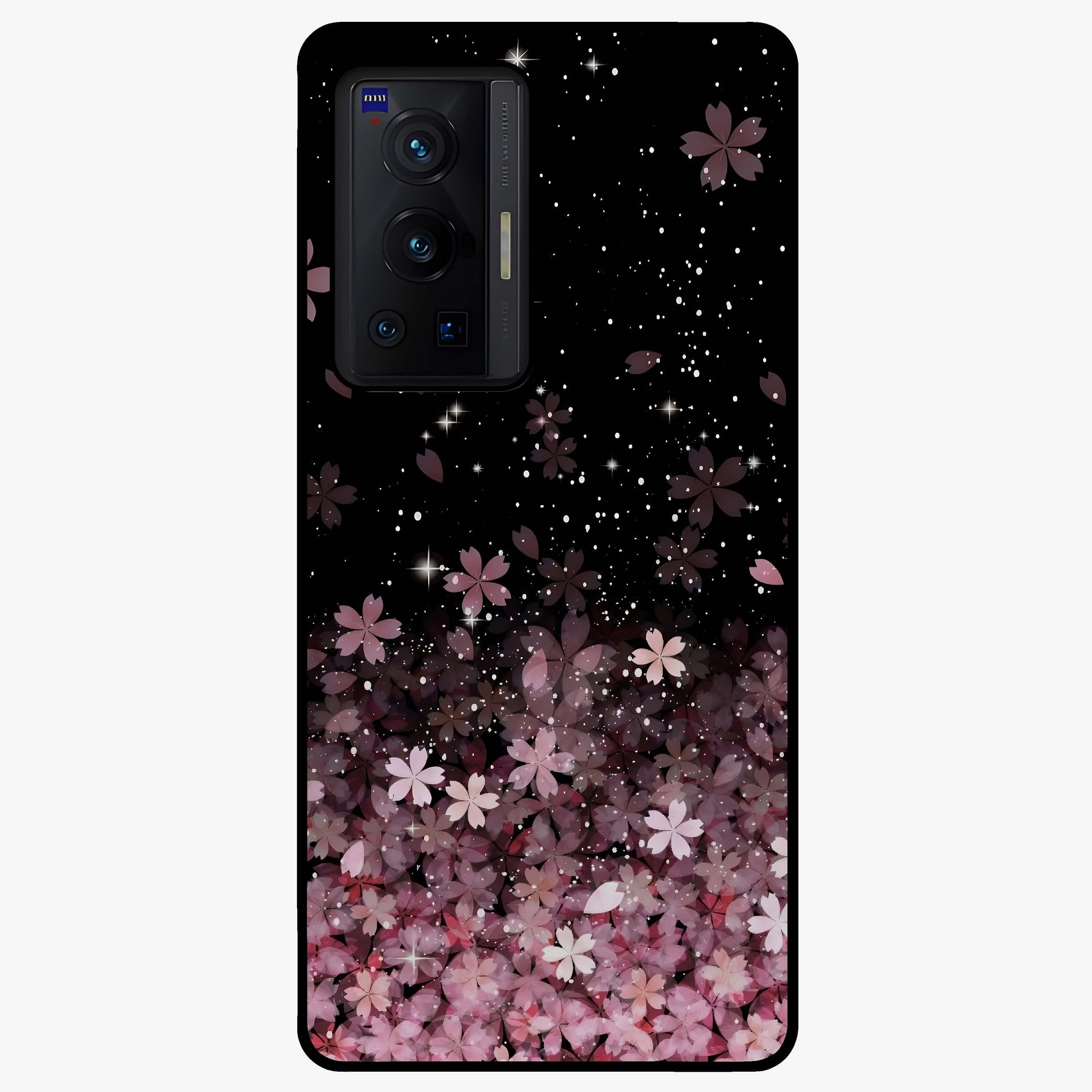 Small Starry Flowers Glass Case showing flat back view with delicate starry floral artwork and glossy glass finish.