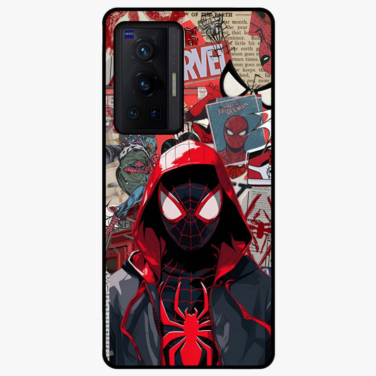 Spider Collage Street Glass Case showing flat back view with vibrant superhero collage artwork and glossy glass finish.