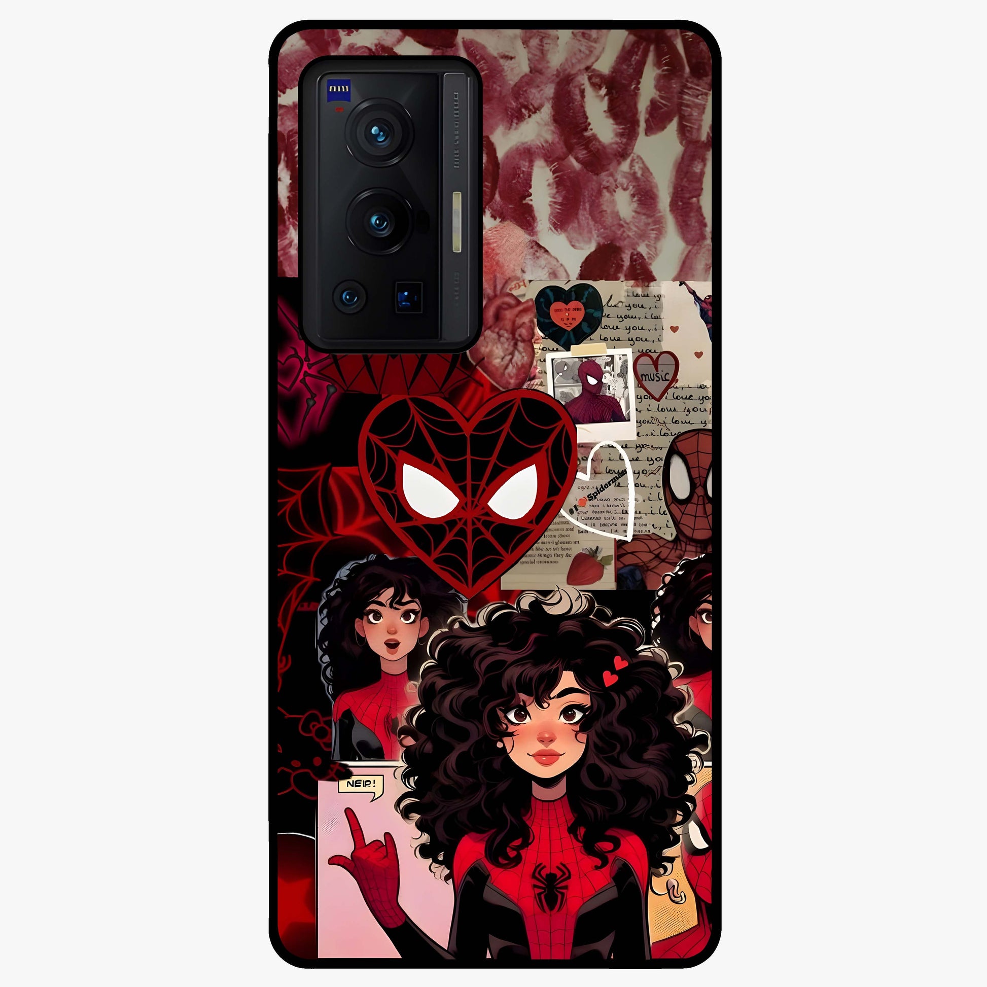 Spider Love Story Glass Case showing flat back view with romantic superhero themed artwork and glossy glass finish.
