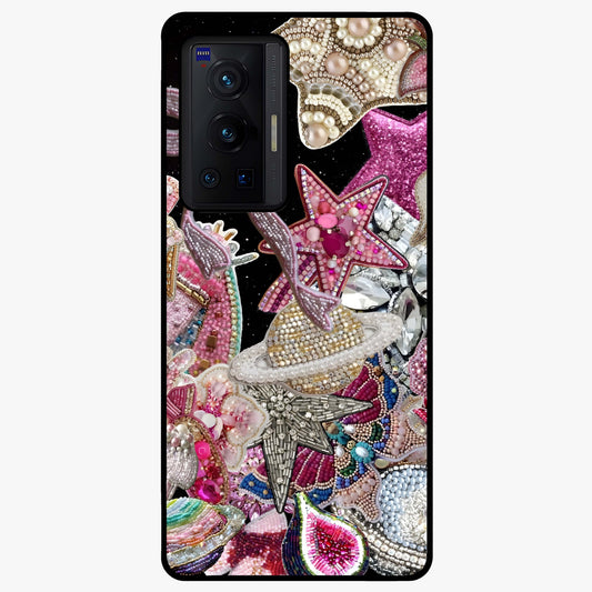 Starlit Jewel Dream Glass Case showing flat back view with sparkling jewel and star themed artwork and glossy glass finish.