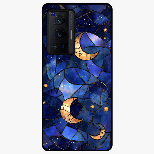 Starlit Sky Tapestry Glass Case showing flat back view with decorative starry sky tapestry artwork and glossy glass finish.