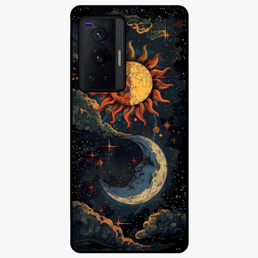 Sun And Moon Magic Design Glass Case showing flat back view with mystical sun and moon artwork and glossy glass finish.
