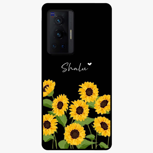 Sunflower Chic Mood Custom Name Glass Case showing flat back view with stylish sunflower artwork and personalized name design.