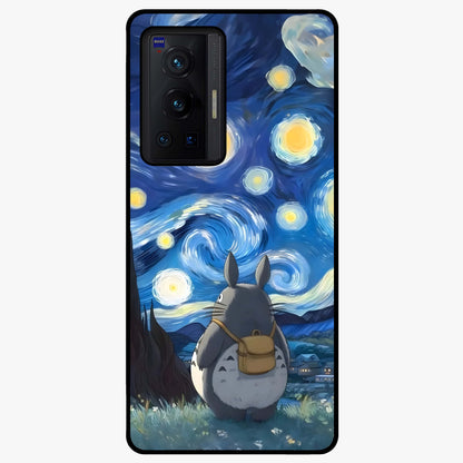Totoro In Van Gogh Art Glass Case showing flat back view with whimsical character artwork inspired by Van Gogh style and glossy glass finish.
