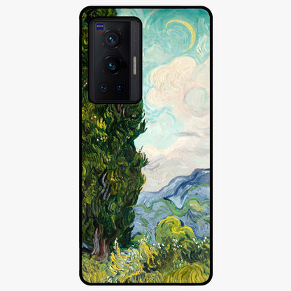 Van Gogh Vintage Art Glass Case showing flat back view with vintage painterly artwork inspired by Van Gogh style and glossy glass finish.