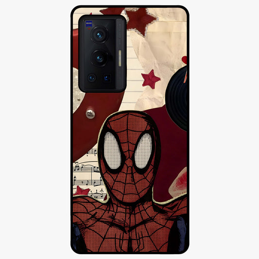 Web Warrior Vibes Glass Case showing flat back view with superhero inspired web themed artwork and glossy glass finish.