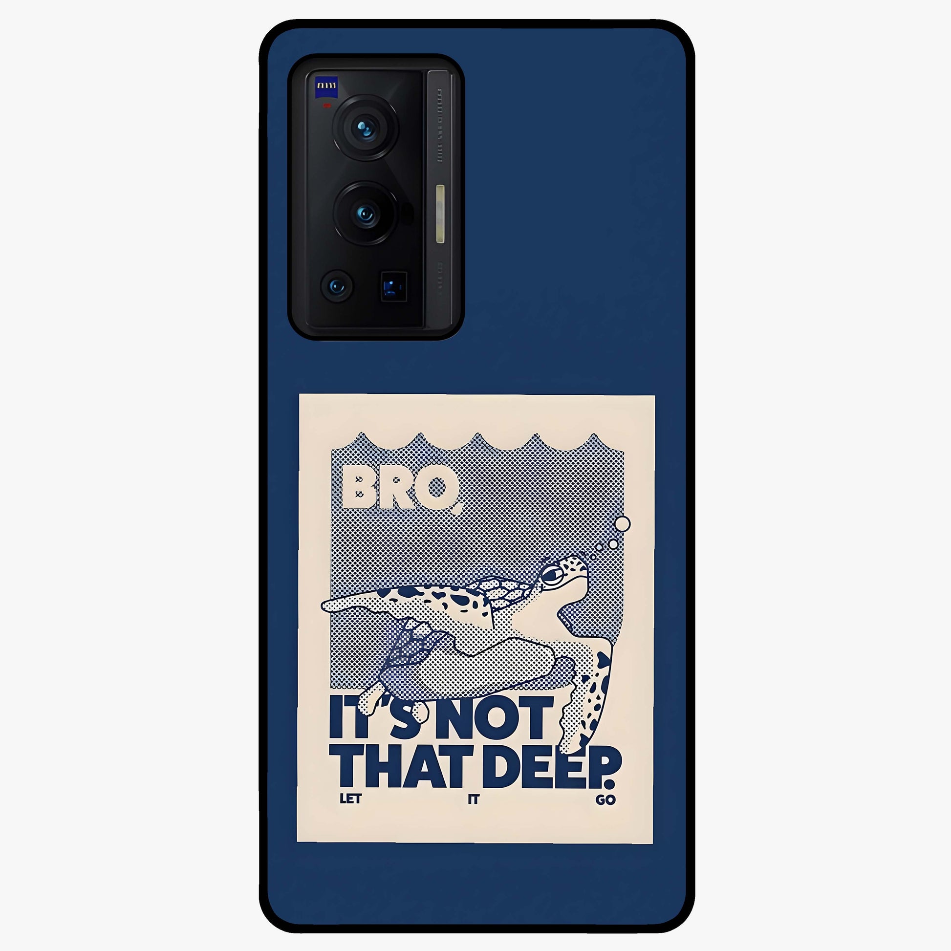 Worry Less Swim Glass Case showing flat back view with playful motivational artwork and glossy glass finish.