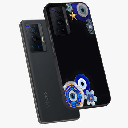 Aesthetic Blue Evil Eye Glass Case displayed in angled mockup highlighting blue evil eye symbol and spiritual aesthetic design.
