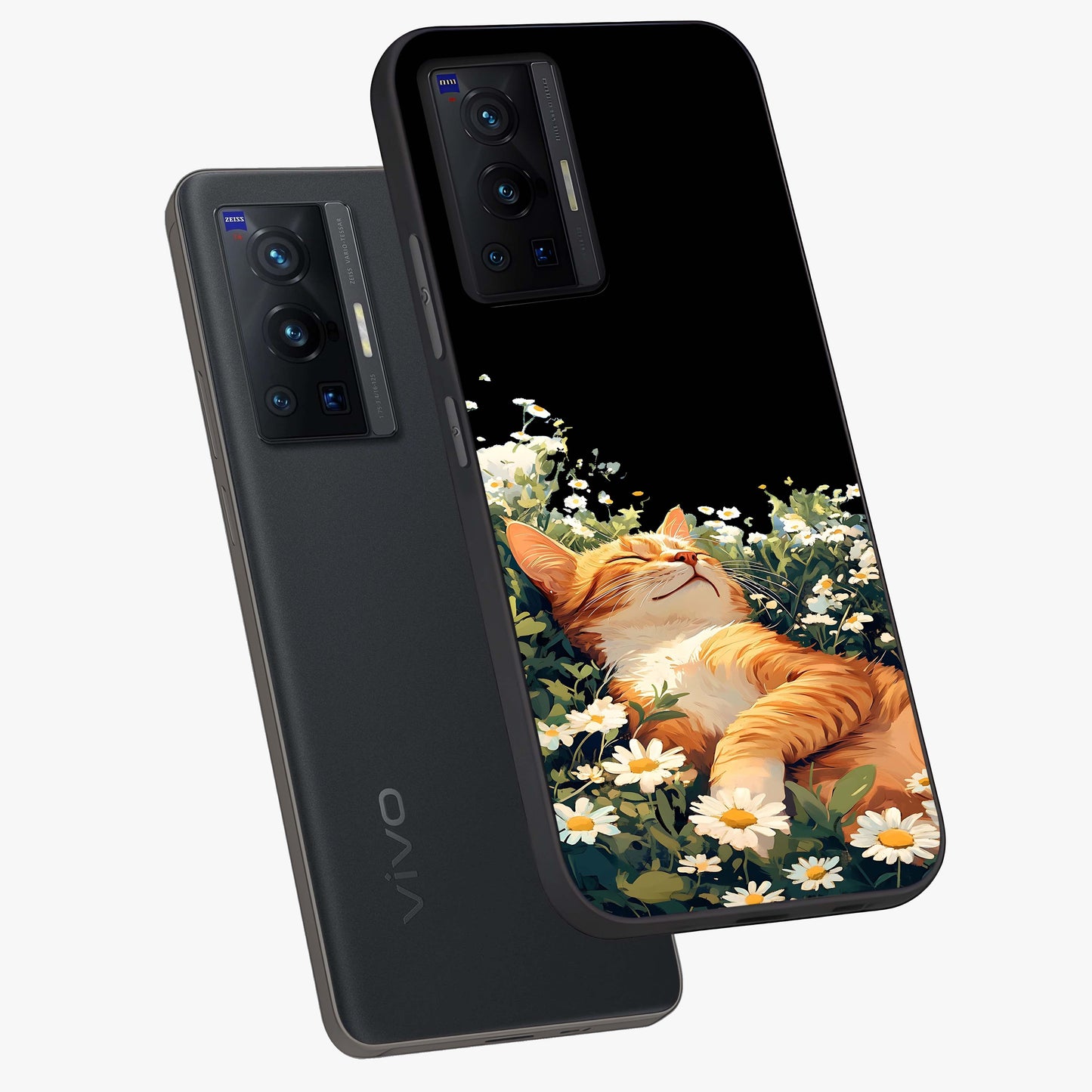 Blissful Bloom Cat Glass Case displayed in angled mockup highlighting playful feline illustration with soft floral aesthetic.