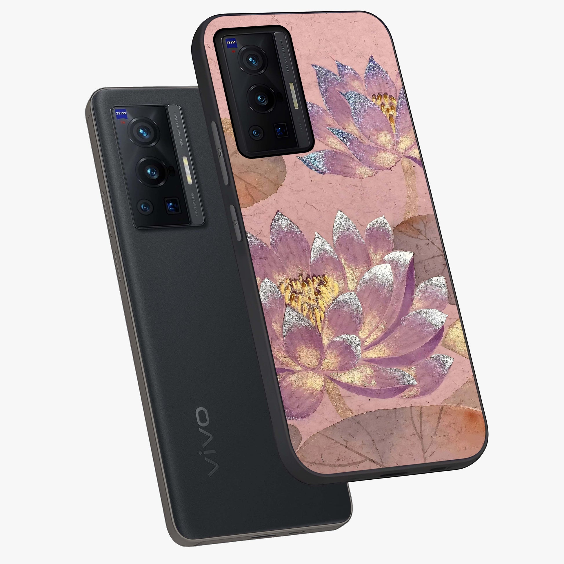 Blossom Mist Lotus Glass Case displayed in angled mockup highlighting delicate lotus illustration with calm aesthetic theme.