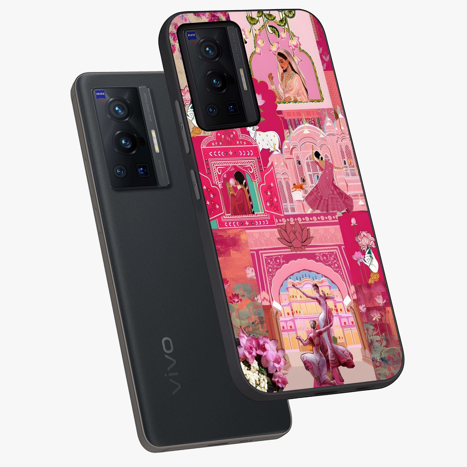 Blossoms of Rajasthan Glass Case displayed in angled mockup highlighting vibrant floral pattern with cultural aesthetic style.
