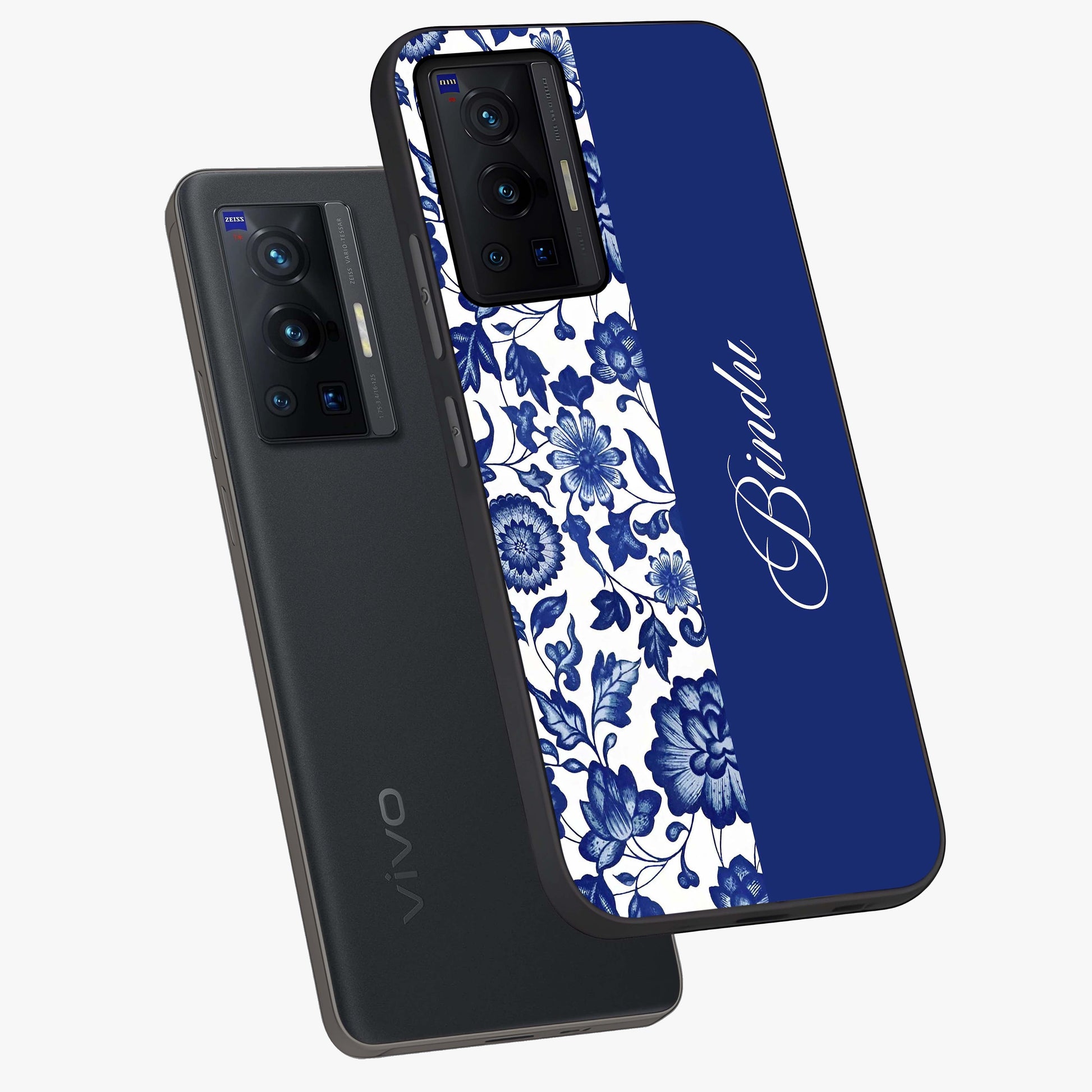 Blue Vintage Floral Pattern Glass Case displayed in angled mockup highlighting subtle bloom pattern with aesthetic pastel design.