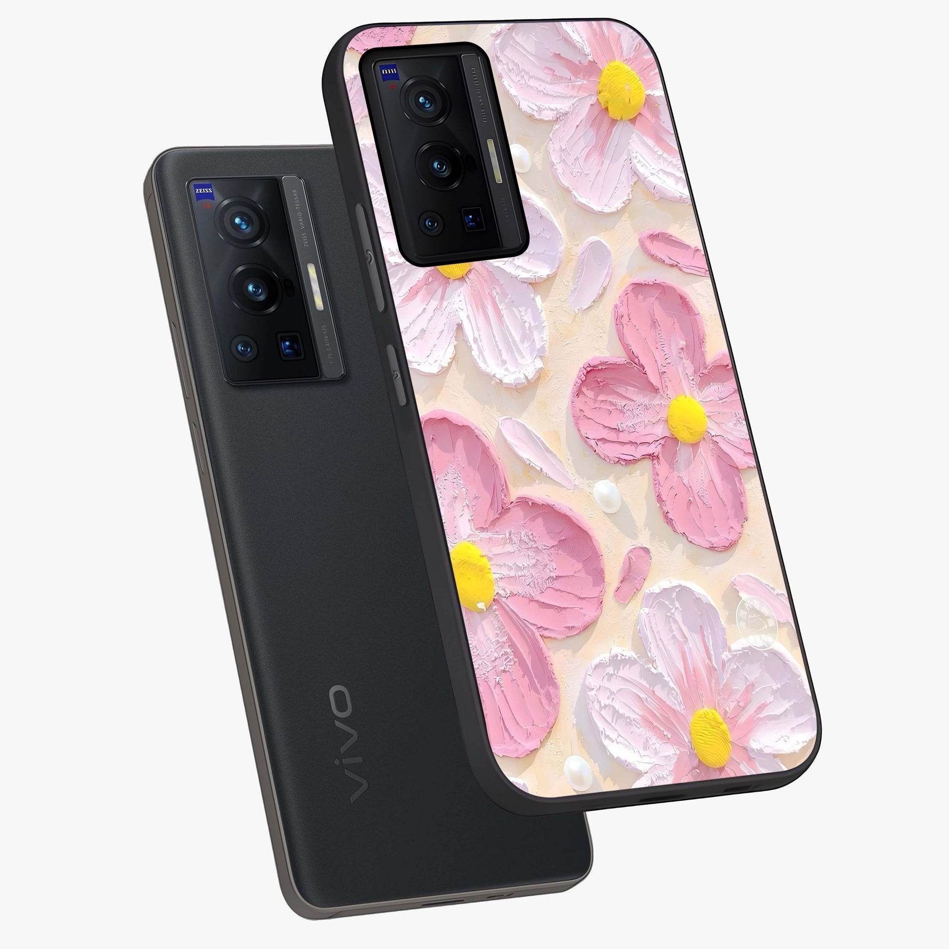 Blush Bloom Texture Glass Case displayed in angled mockup highlighting subtle bloom pattern with aesthetic pastel design.