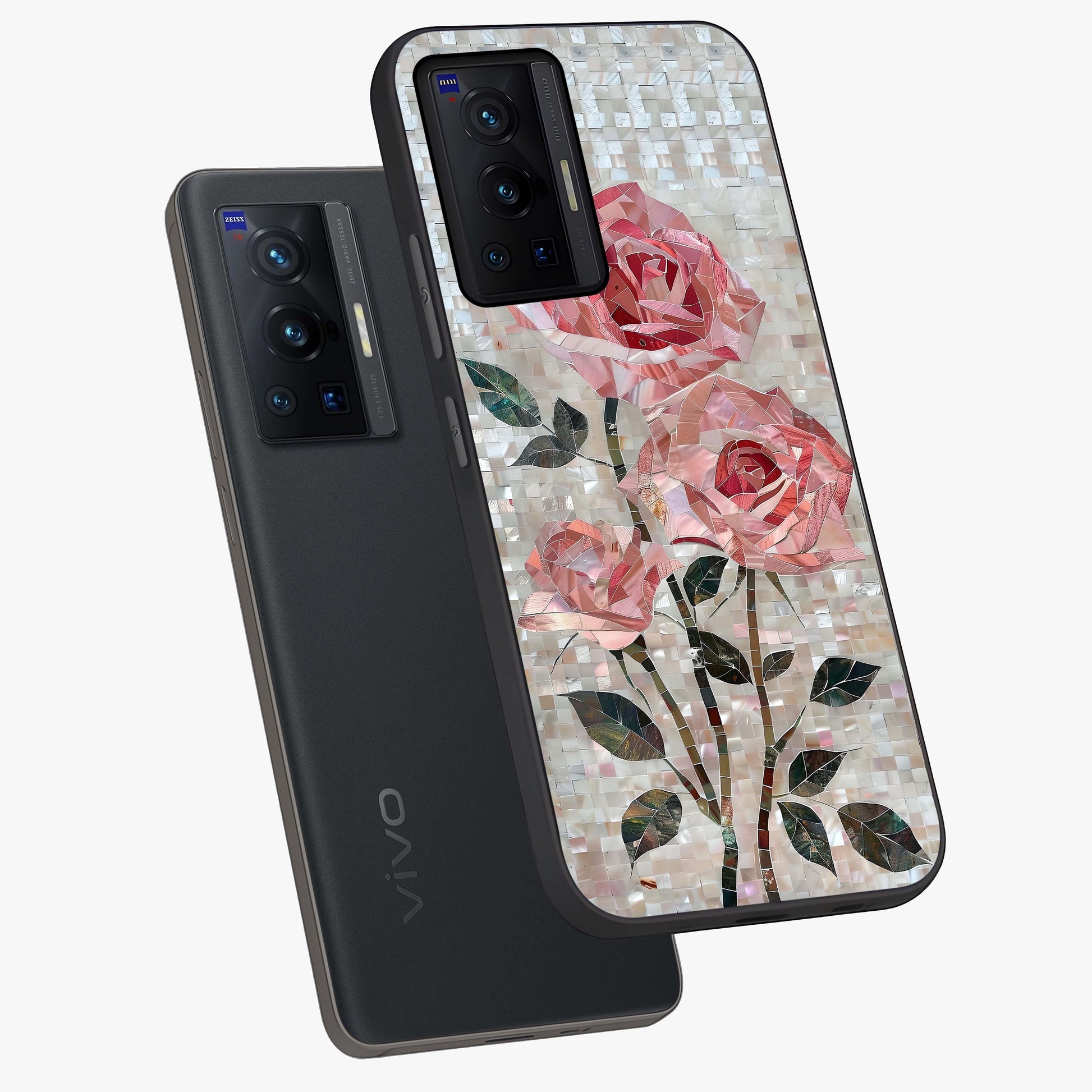 Blush Mosaic Bloom Glass Case displayed in angled mockup highlighting artistic mosaic flower pattern with aesthetic design.