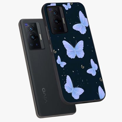 Butterfly With Stars Pattern Glass Case displayed in angled mockup highlighting dreamy butterfly and star design with aesthetic theme.