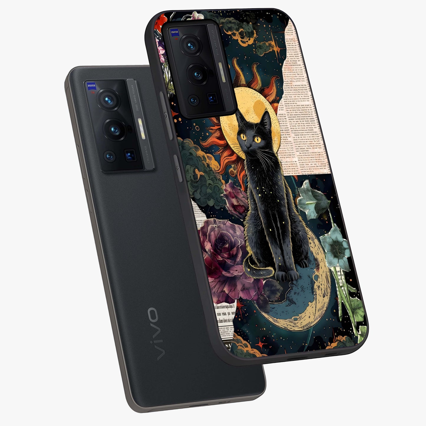 Celestial Black Cat Glass Case displayed in angled mockup highlighting cosmic black cat design with celestial aesthetic.
