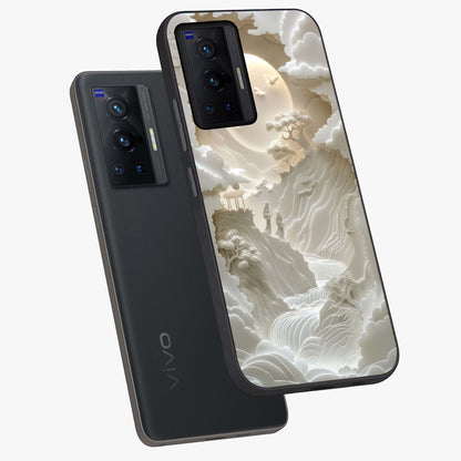 Celestial Origami Glass Case displayed in angled mockup highlighting geometric origami design with cosmic aesthetic theme.