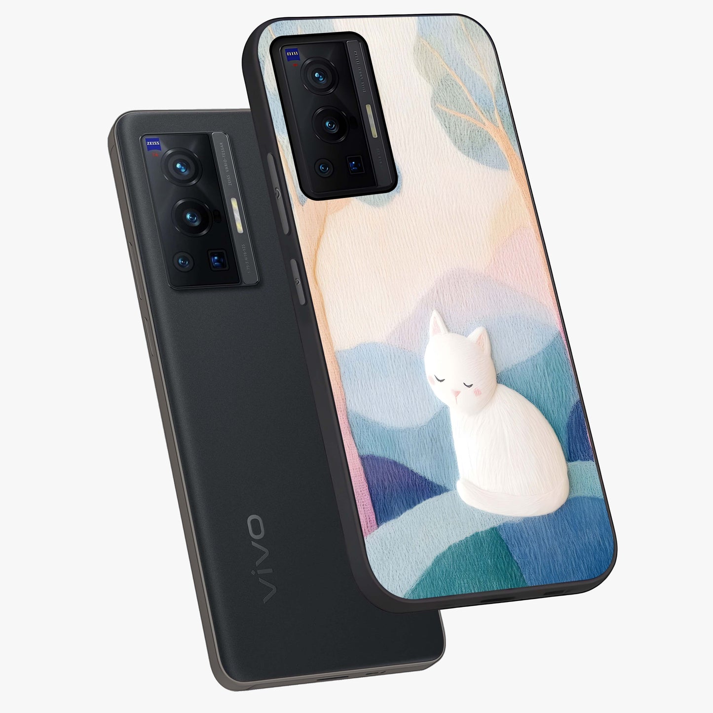 Cotton Dream Cat Glass Case displayed in angled mockup highlighting cute feline illustration with pastel aesthetic style.