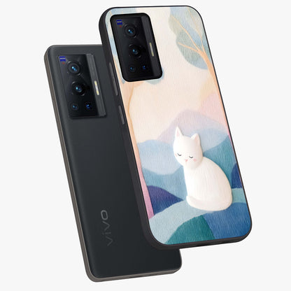 Cotton Dream Cat Glass Case displayed in angled mockup highlighting cute feline illustration with pastel aesthetic style.