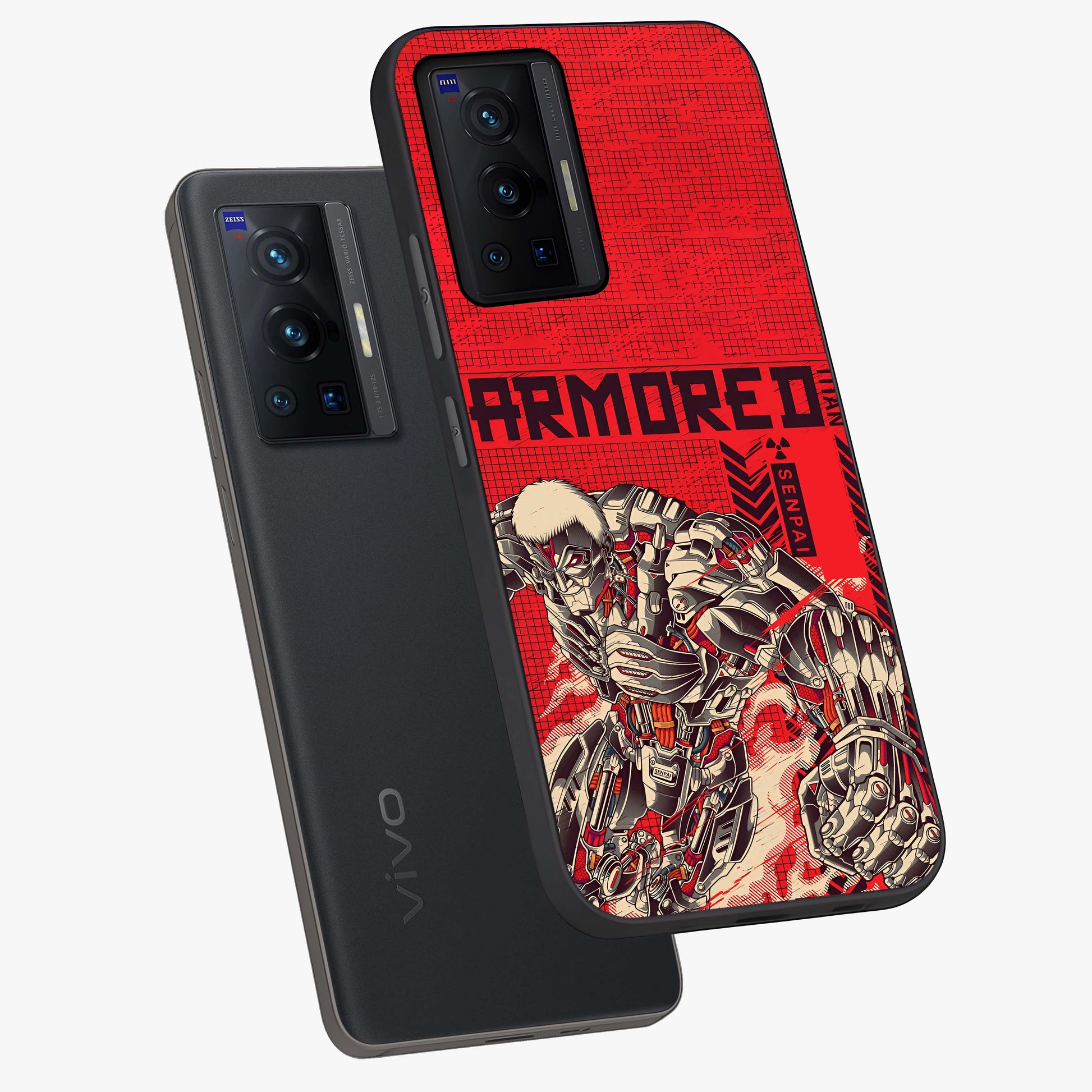 Crimson Mecha Titan Glass Case displayed in angled mockup highlighting futuristic mech illustration with bold crimson aesthetic.