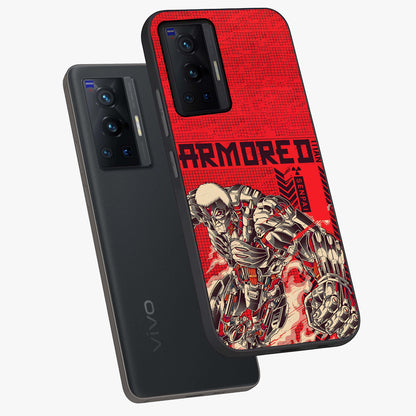 Crimson Mecha Titan Glass Case displayed in angled mockup highlighting futuristic mech illustration with bold crimson aesthetic.