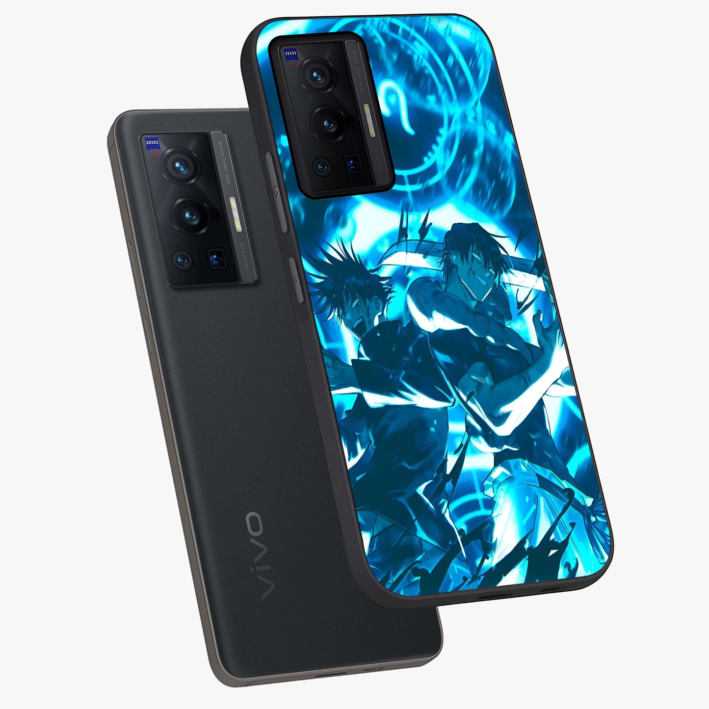Cursed Energy Clash Glass Case displayed in angled mockup highlighting powerful battle inspired graphic with anime style aesthetic.