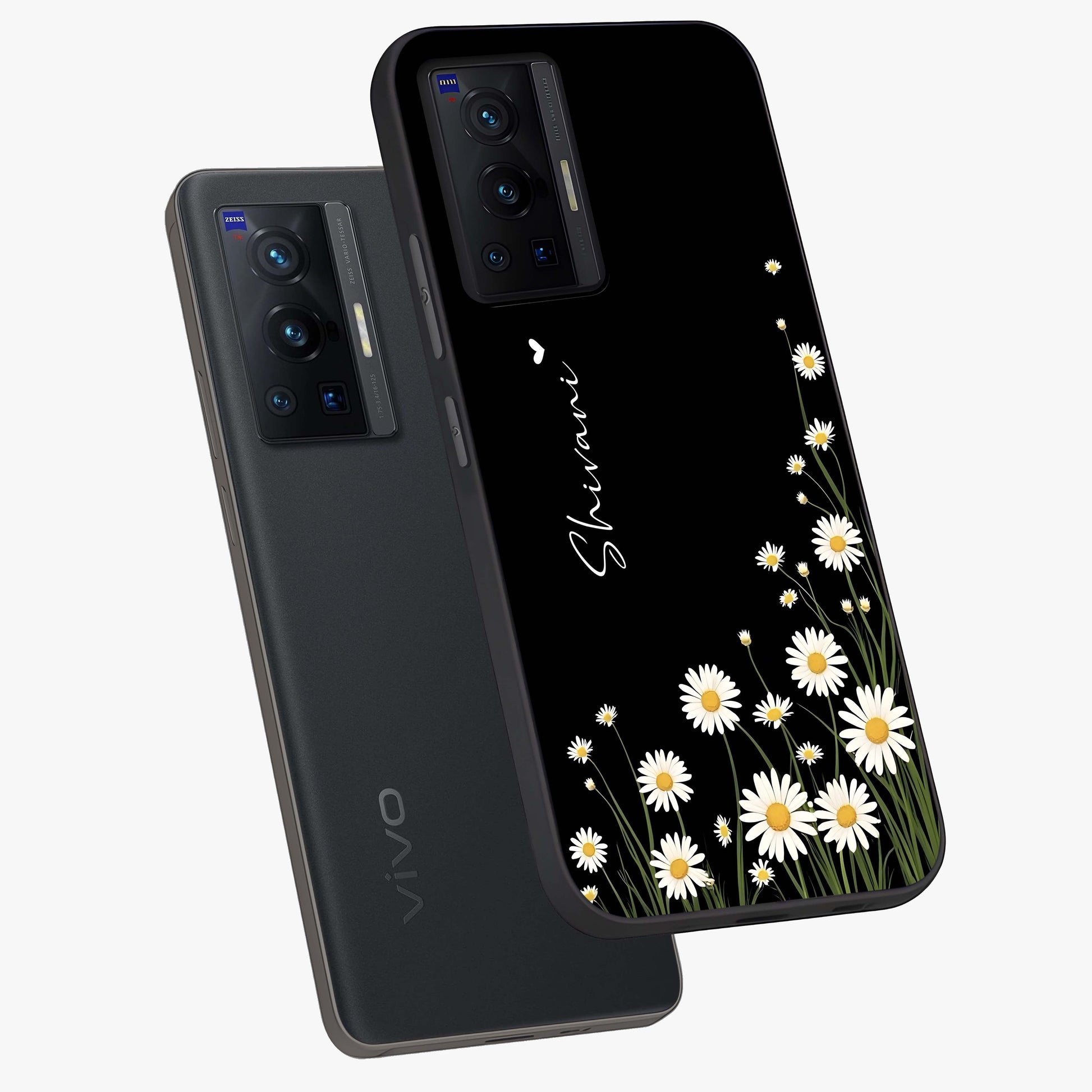 Daisy Cascade Custom Name Glass Case displayed in angled mockup highlighting delicate daisy artwork with custom name feature.