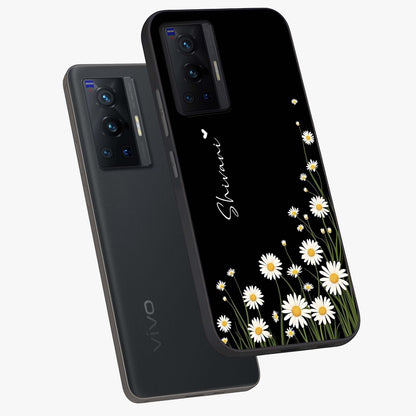 Daisy Cascade Custom Name Glass Case displayed in angled mockup highlighting delicate daisy artwork with custom name feature.