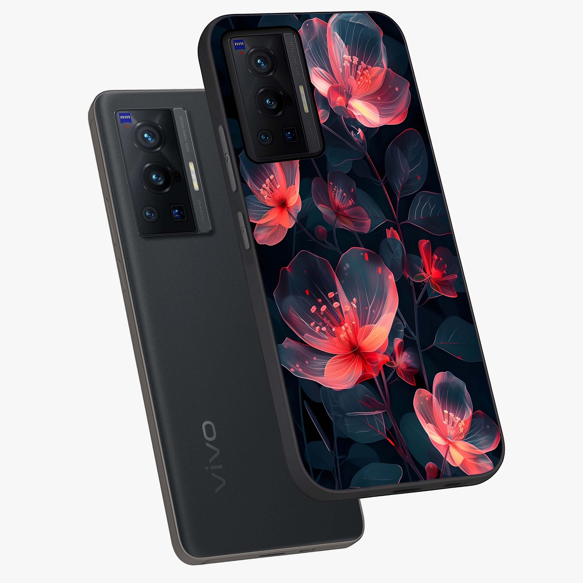 Dark Shade of Flower Glass Case displayed in angled mockup highlighting moody floral illustration with aesthetic dark tones.