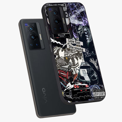 Die Young Glass Case displayed in angled mockup highlighting expressive graphic artwork with edgy aesthetic style.