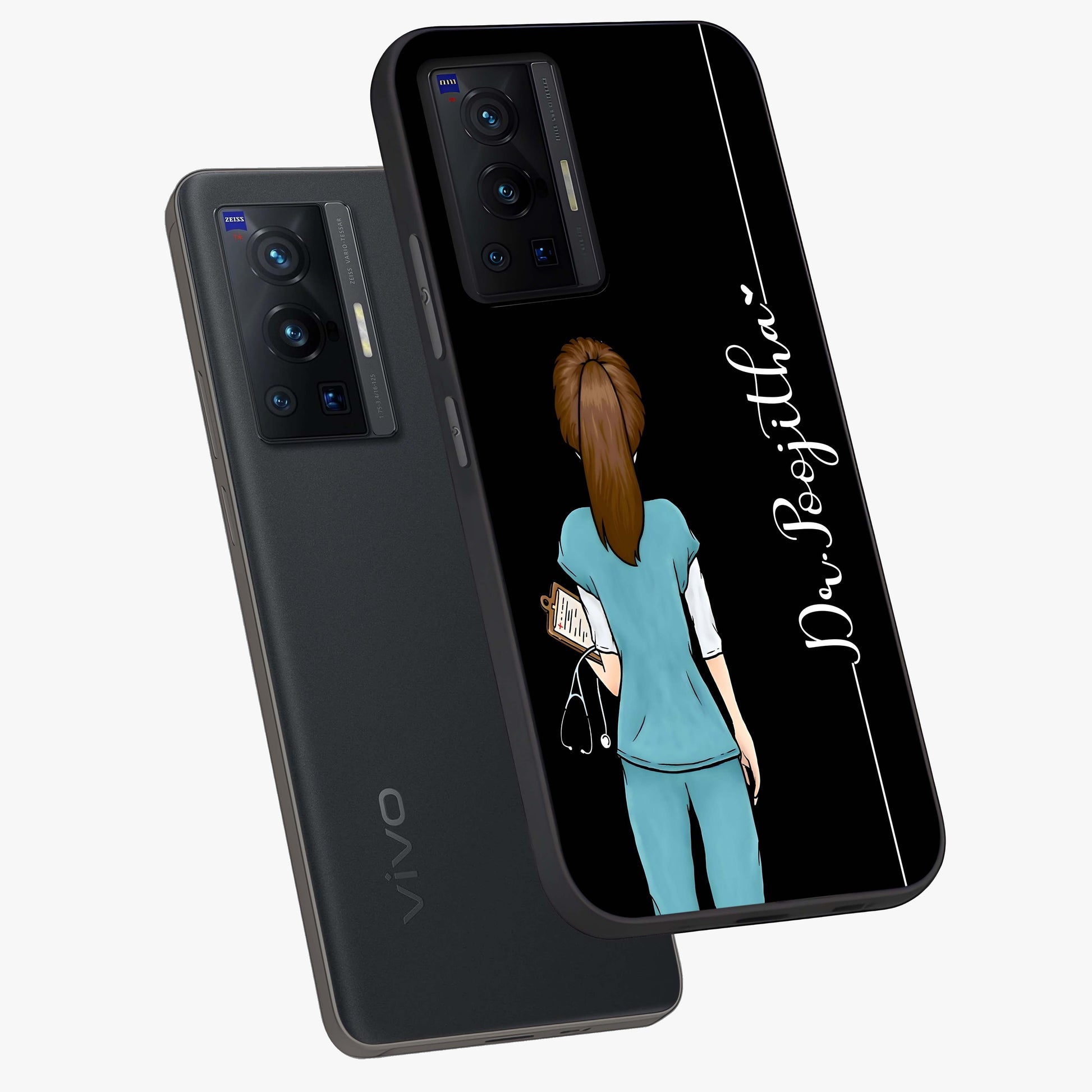 Doctor Pattern Custom Name Glass Case displayed in angled mockup highlighting doctor inspired artwork with custom name feature.